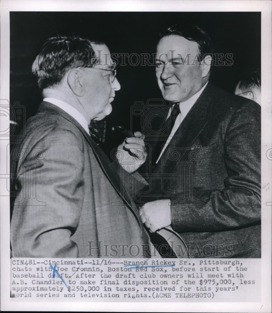 1950 Press Photo Branch Rickey Pittsburgh Pirates & Joe Cronin Boston Red Sox - Historic Images