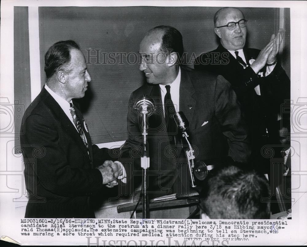 1956 Press Photo Minn State Rep P Widstrand, Adlai Stevenson, G Thomas - Historic Images