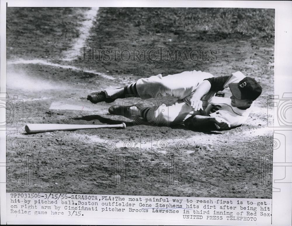 Boston outfielder Gene Stephens hits dirt after being hit on 1956 ...