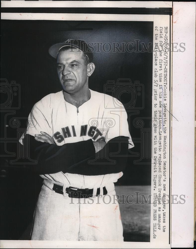 1957 Press Photo Cookie Lavagetto, Wash. Senators manager - Historic Images