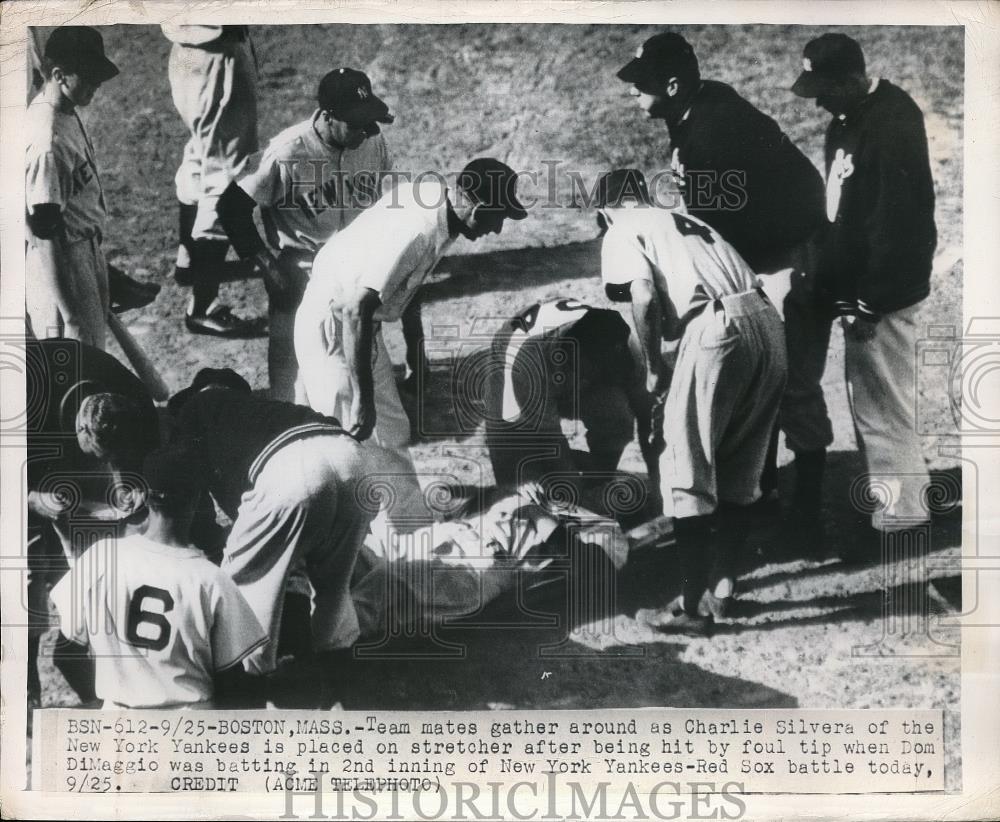 1949 Press Photo Boston Charlie Silvera new York Yankees on Stretcher - Historic Images