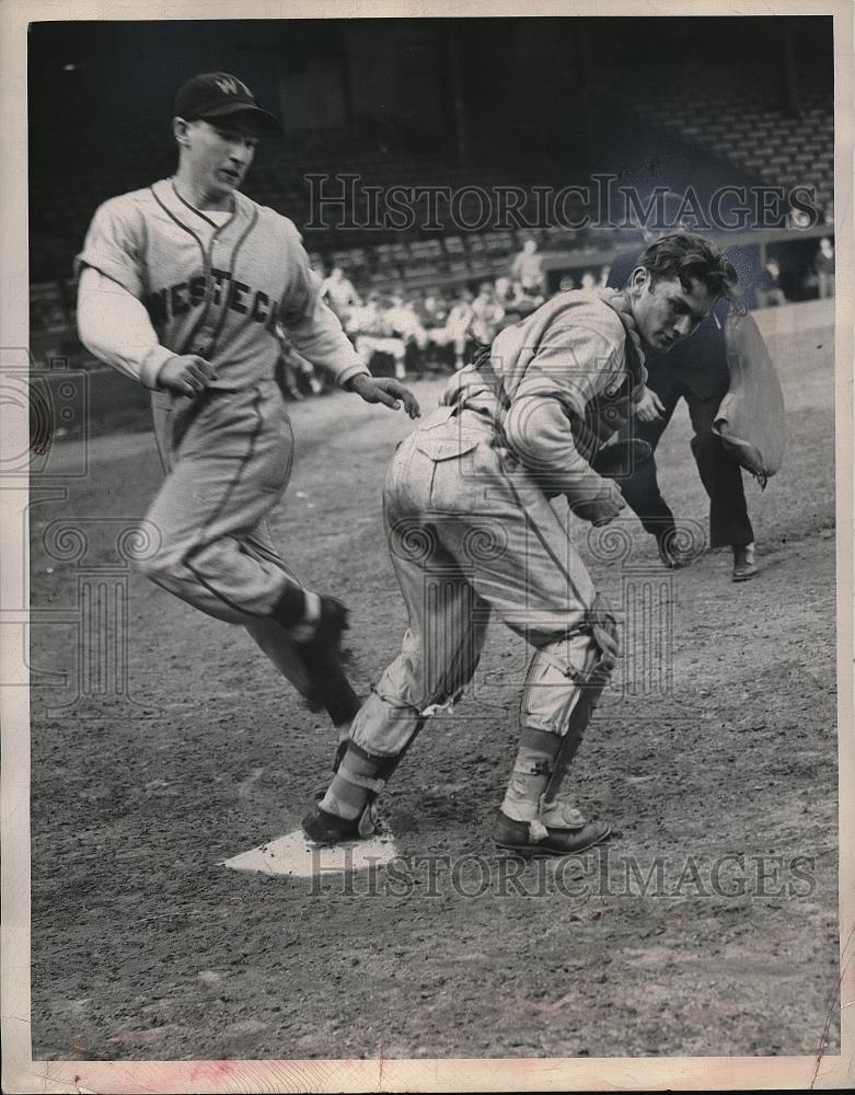 1948 Press Photo Andy Dulik, West Tech, crosses home plate, catcher Wall Olesik - Historic Images