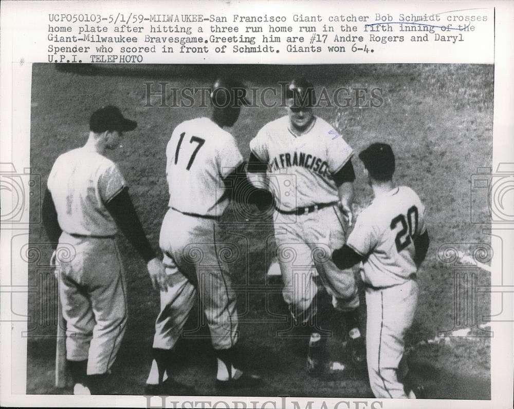 1959 Press Photo San Francisco Giants Catcher Bob Schmidt & Brewers Andre Rogers - Historic Images