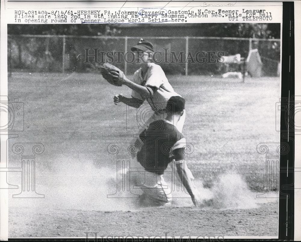 1961 Press Photo Johnny Payseur, Teener League baseball vs Larry Baumann - Historic Images