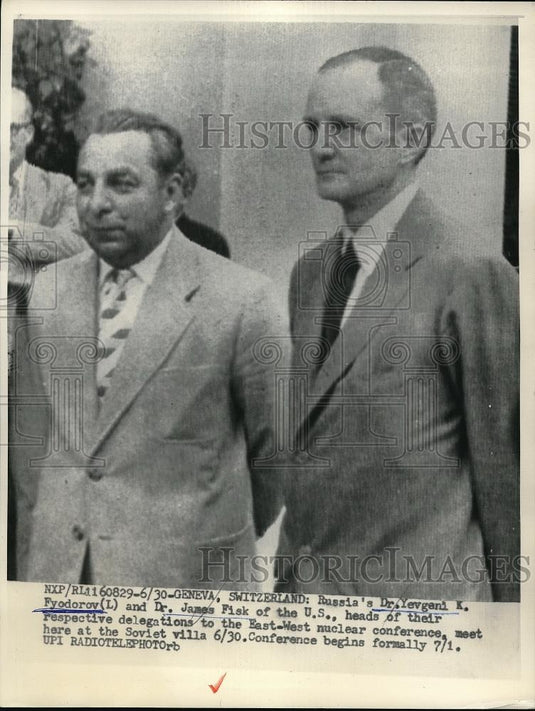 Press Photo Dr.Yevgeni K.Fydorov & Dr.James Fisk in East-West Nuclear Conference - Historic Images
