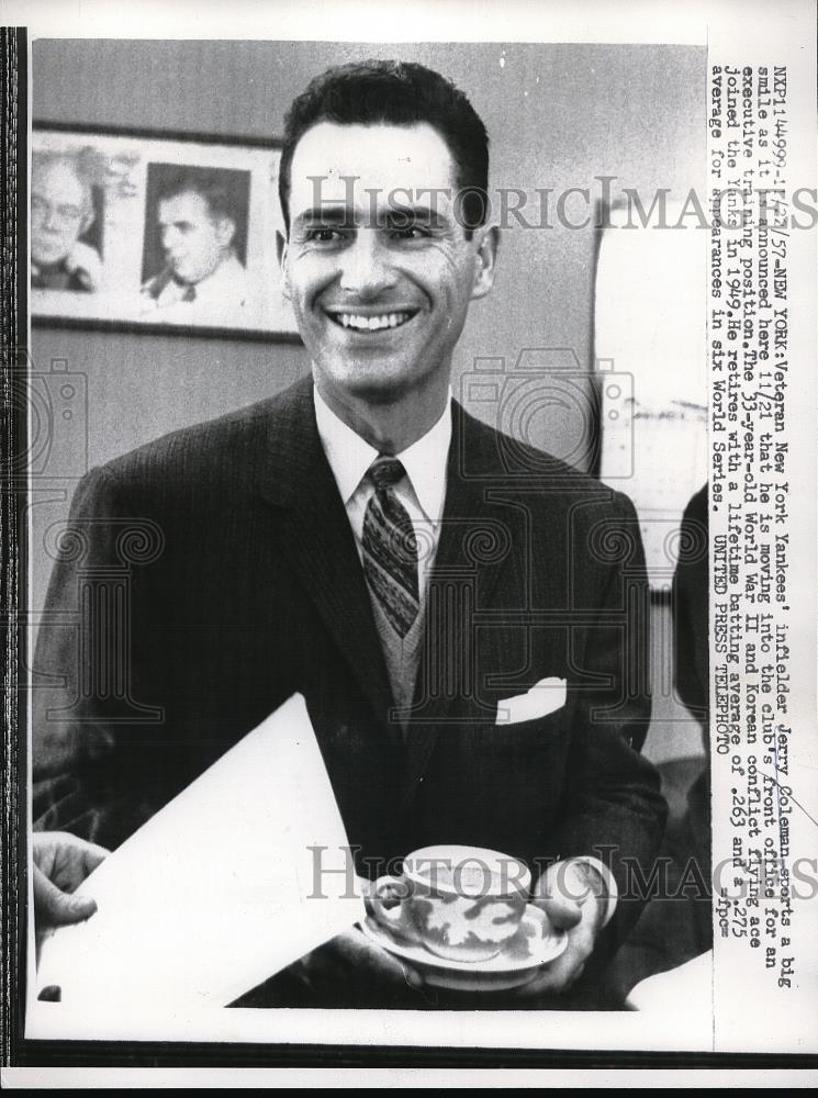 1957 Press Photo Jerry Coleman moves to executive training position - Historic Images