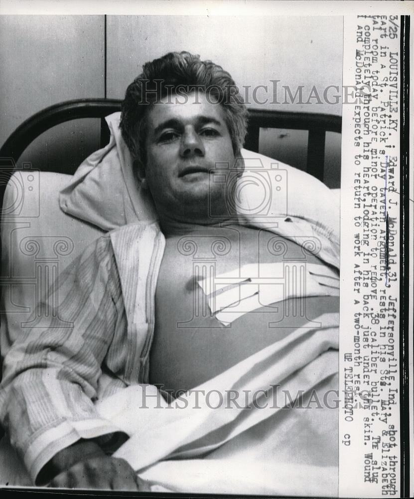 1957 Press Photo Edward J. McDonald Rests After Being Shot at a Tavern - Historic Images