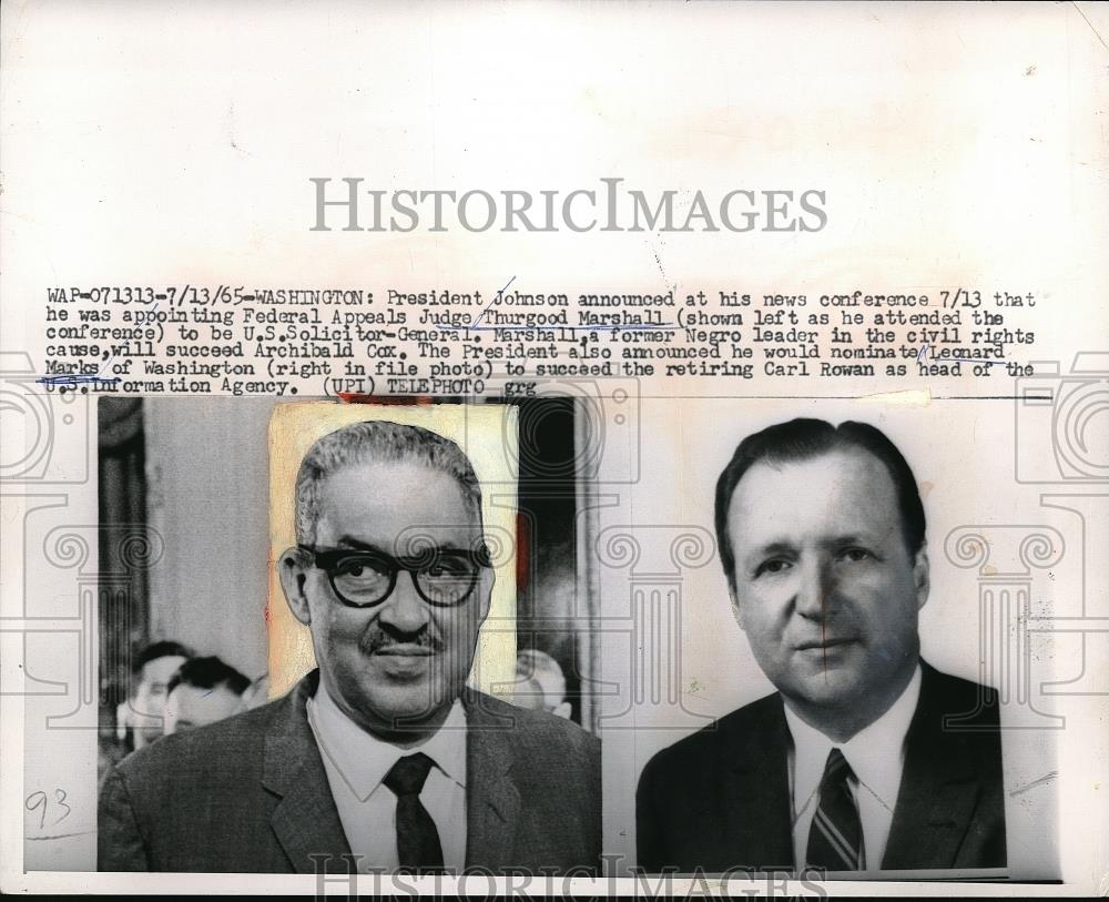 1965 Press Photo Judge Thurgood Marshall and Leonard Marks - Historic Images