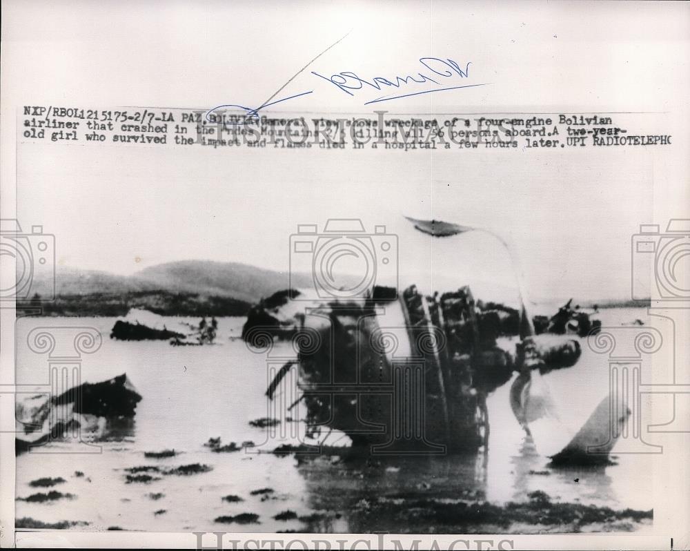 1960 Press Photo Wreckage of a Bolivian Airliner - Historic Images