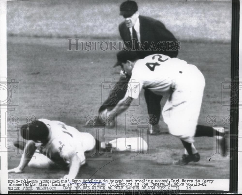 1956 Press Photo Indians' Gene Woodling out at 2nd vs Yankee Gerry Coleman - Historic Images