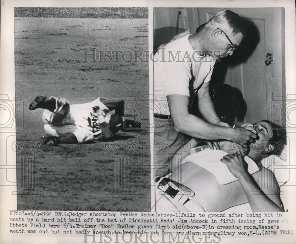 1951 Press Photo Brooklyn Dodgers Peewee Reese &amp; Cincinnati Reds Jim Adcock - Historic Images