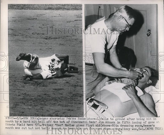 1951 Press Photo Brooklyn Dodgers Peewee Reese & Cincinnati Reds Jim Adcock - Historic Images