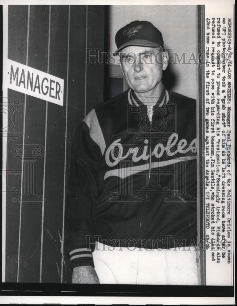 1961 Press Photo Paul Richards Manager Baltimore Orioles Resigns Los Angeles MLB - Historic Images