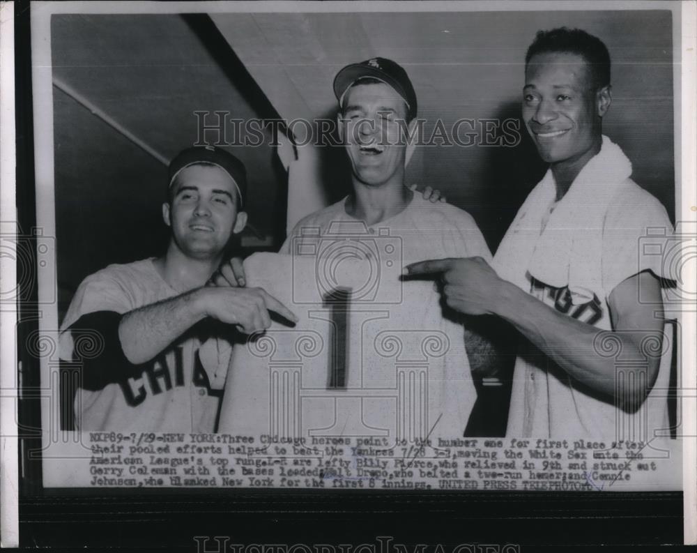 1955 Press Photo Chicago&#39;s Pierce, Coleman, &amp; Johnson Help in Win Over Yankees - Historic Images