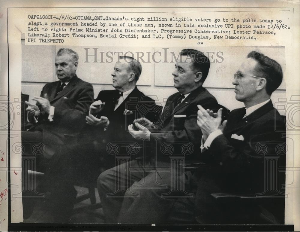 1963 Press Photo Canadas Prime Minister John Fiefenbaker, Lester Pearson, Robert - Historic Images