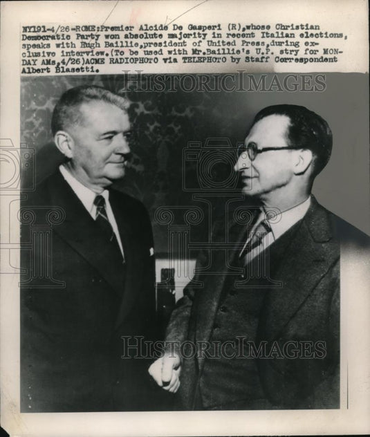 1948 Press Photo Rome Premier Alcide DeGasperi Christian Democratic Party won - Historic Images