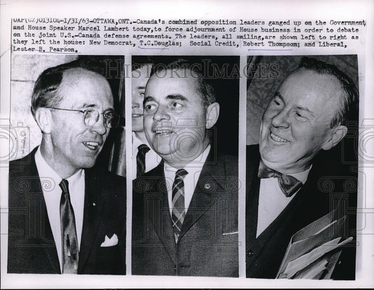 1963 Press Photo Canada's Marcel Labert, T.C. Douglas, Robert Thompson, Lester - Historic Images