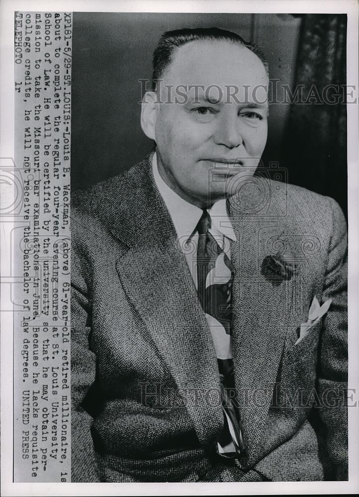 1952 Press Photo Millionaire Louis B. Wackman, St Louis University Law Student - Historic Images