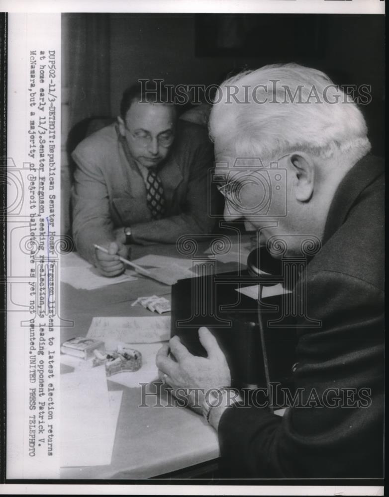 1951 Press Photo Senator Homer Ferguson Listens to Latest Election Returns - Historic Images