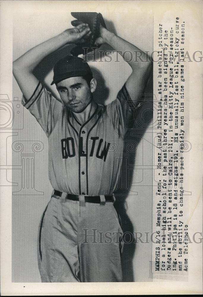 1948 Press Photo Homer "Bud" Phillips signed by the Dodgers to pitch - Historic Images