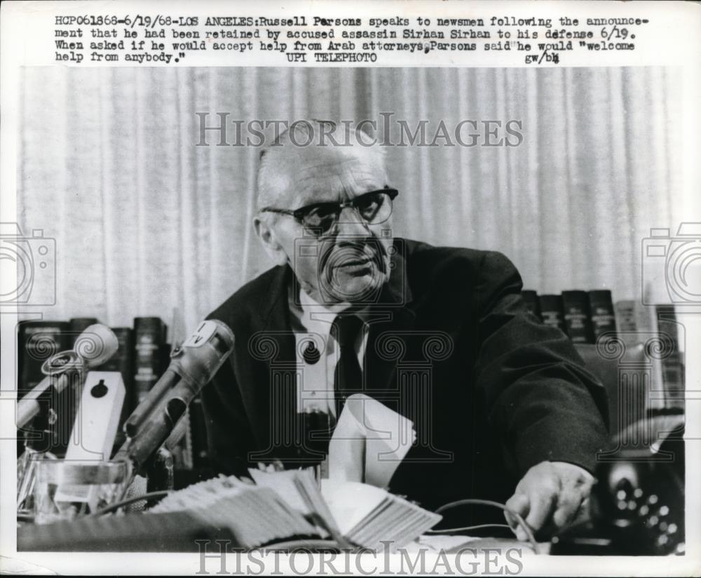 1968 Press Photo Russell Parson announced he retained assassin Sirhan Sirhan. - Historic Images