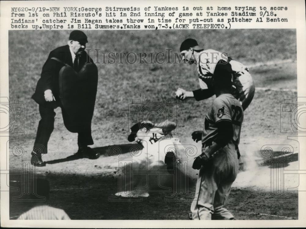 1949 Press Photo George Stirnweiss Yankees Out At Home By Jim Hegan Indians MLB - Historic Images