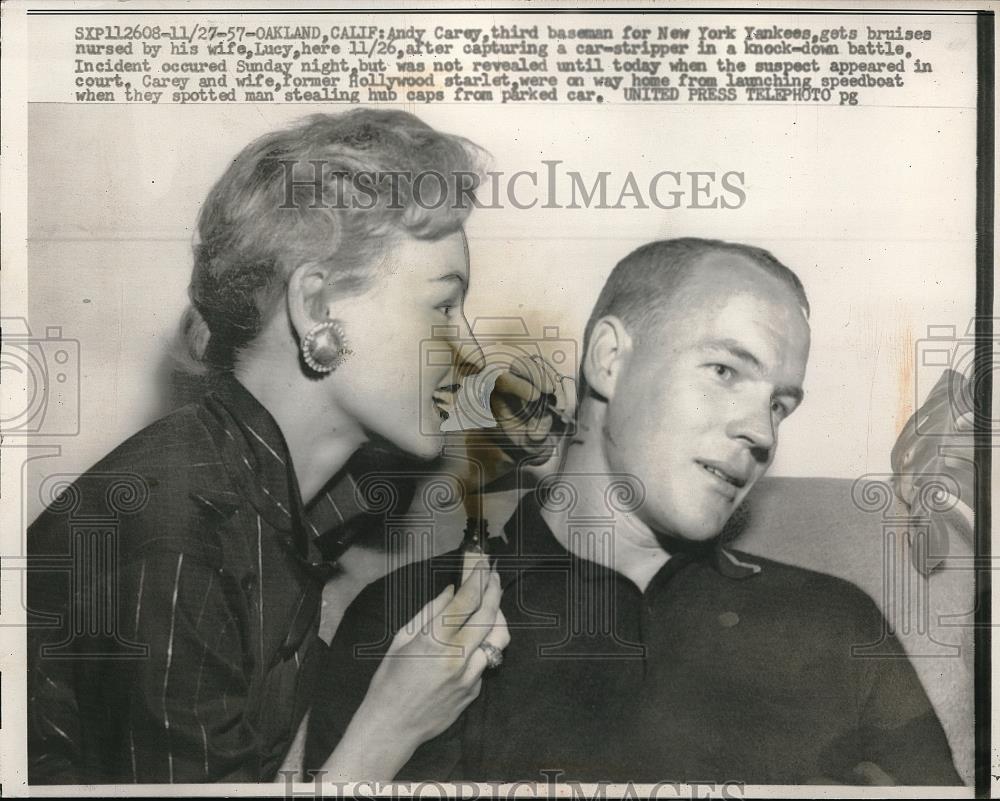 1957 Press Photo NY Yankee 3rd baseman Andy Carey & wife Lucy - Historic Images