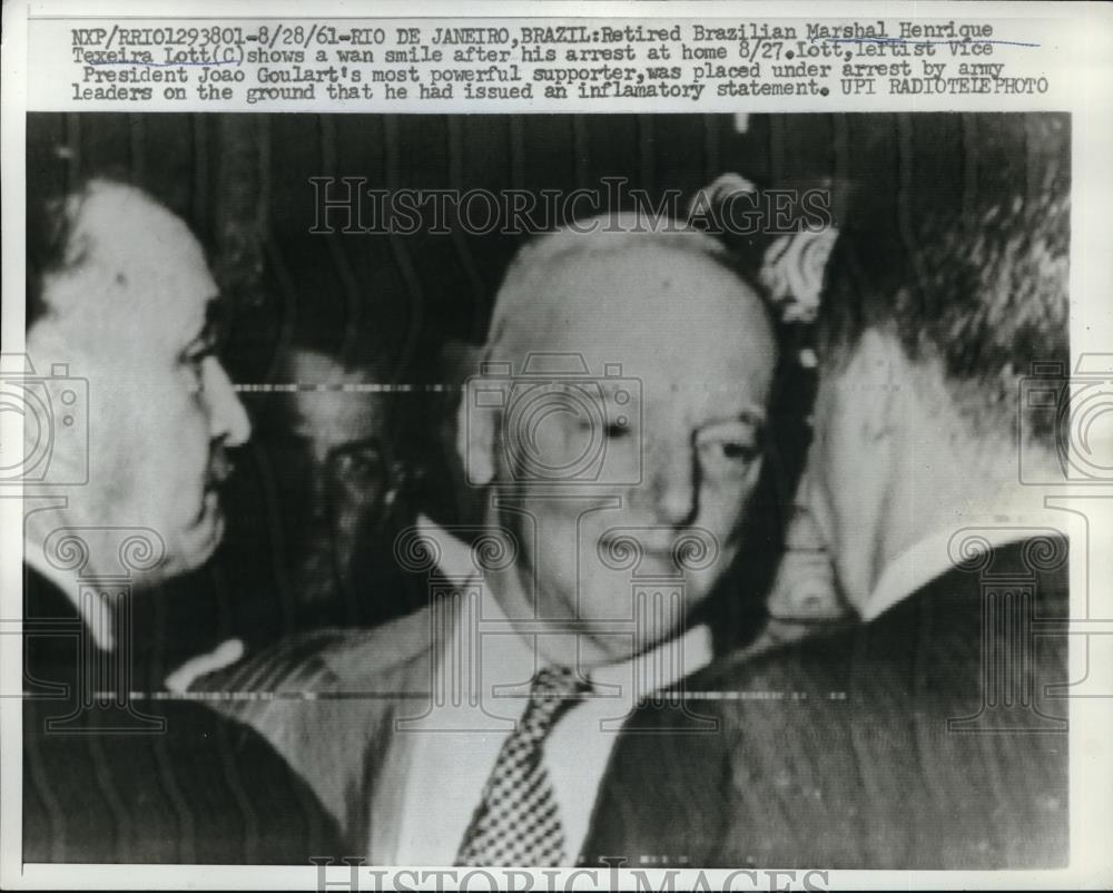 1961 Press Photo Retired Brazilian Marshal Henrique Texeira Lott after arrest - Historic Images