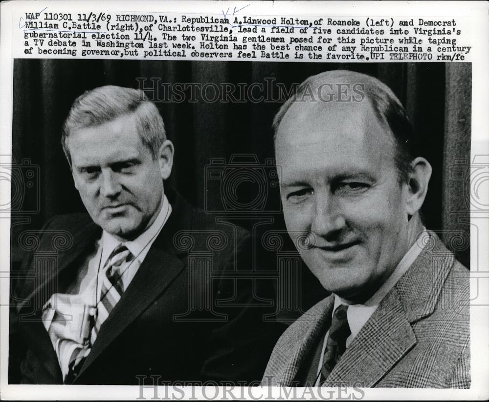 1969 Press Photo Rep. A. Linwood Holton &amp; Democrat William C. Battle at Debate - Historic Images