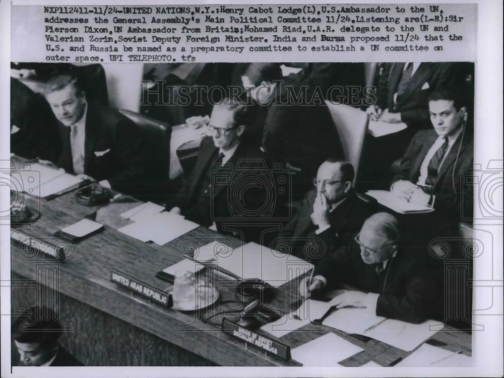 1958 Press Photo UN in NYC, US Henry C Lodge, U.K. Sir P Dixon,UAR Riad - Historic Images