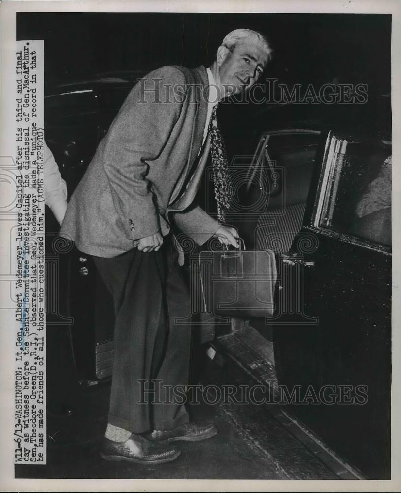 1951 Press Photo Lt. Gen. Albert Wedemeyer Leaves Capitol After Senate Hearing - Historic Images