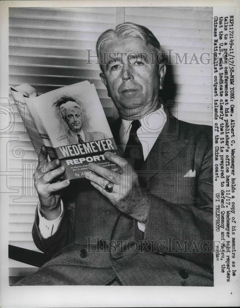 1958 Press Photo Gen Albert C Wedemeyer Holds Copy Of His Memoirs - Historic Images