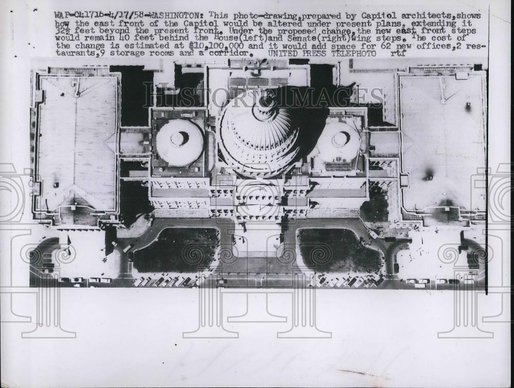 1958 Press Photo Photo Drawing Shows How East Front Of Capitol Would Be Altered - Historic Images