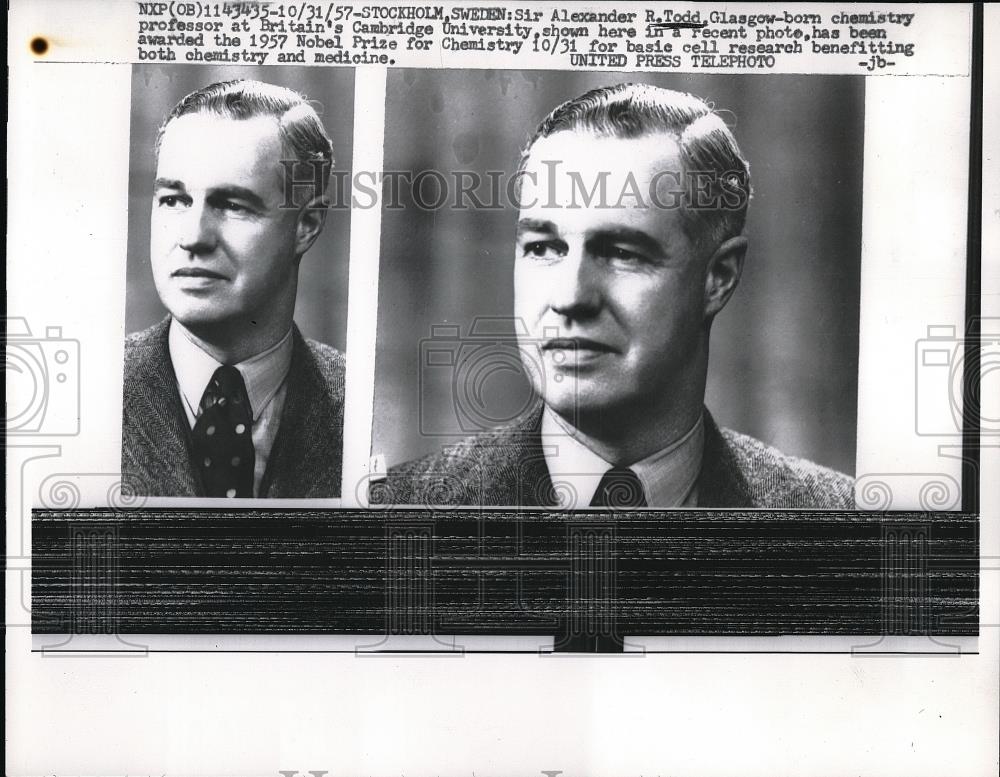 1957 Press Photo Sir Alexander R Todds, chemist at Cambridge Univ, Nobel Prize - Historic Images