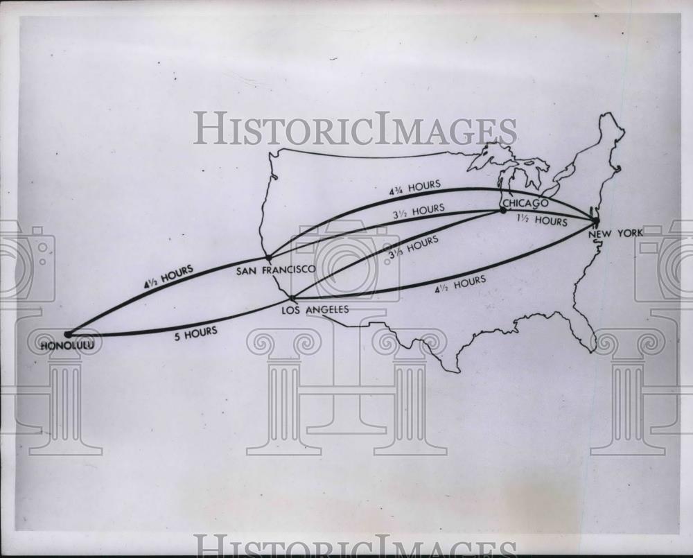 1955 Press Photo Map showing United Airlines flight times &amp; routes - neb40099 - Historic Images