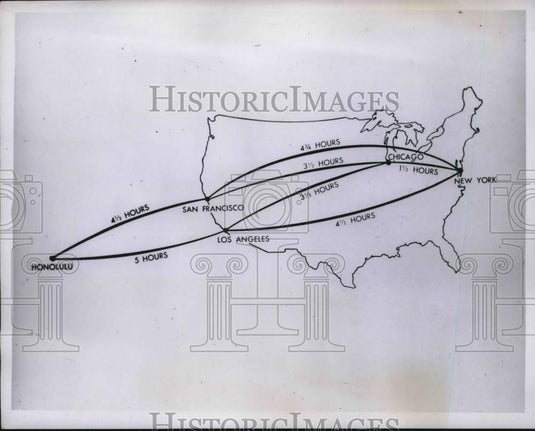 1955 Press Photo Map showing United Airlines flight times & routes - neb40099 - Historic Images