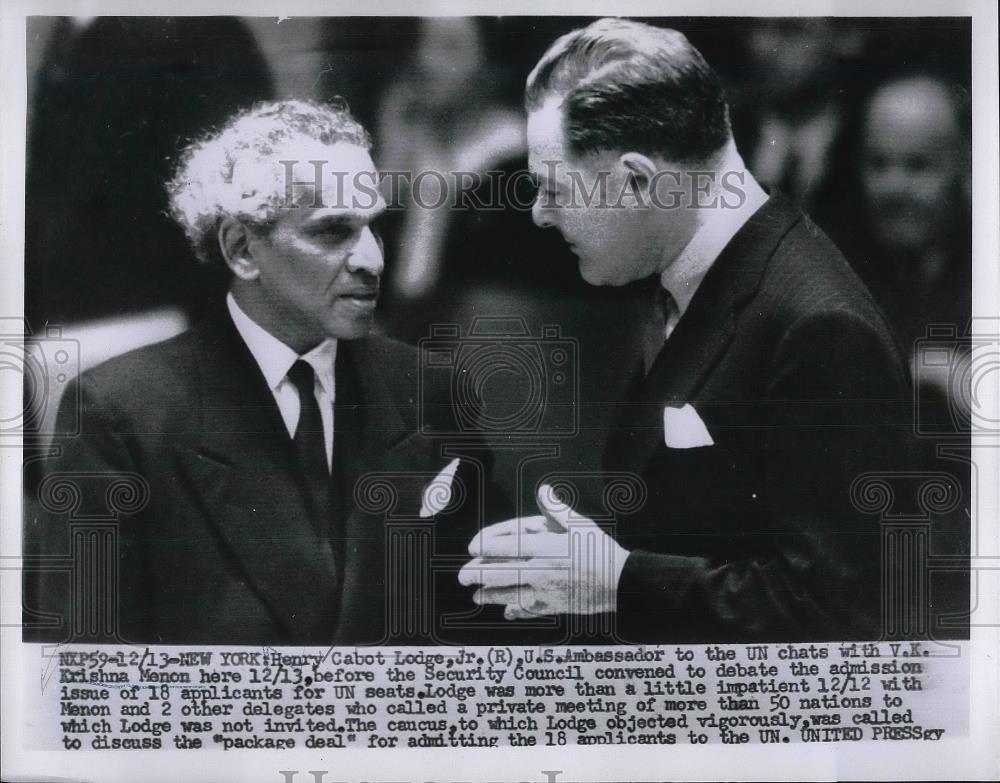 1955 Press Photo Ambassador Henry Cabot Lodge &amp; V.K. Krishna Menon In New York - Historic Images