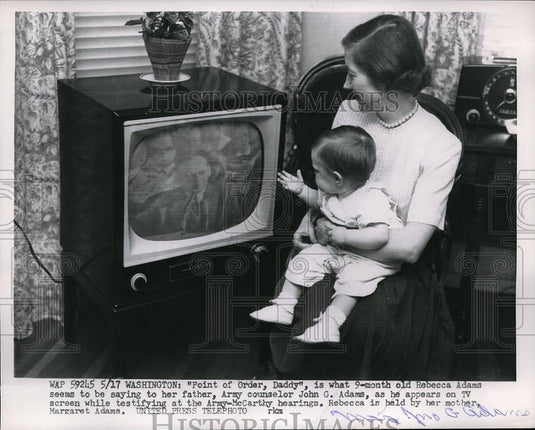 1954 Press Photo Rebecca Adams Sees Daddy on TV Army Counselor John Adams - Historic Images