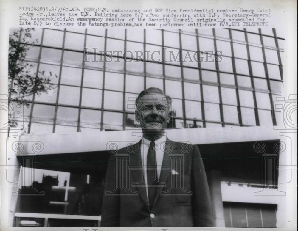 1960 Press Photo UN Amb &amp; GOP VP nominee Henry Cabot Lodge in NYC - Historic Images