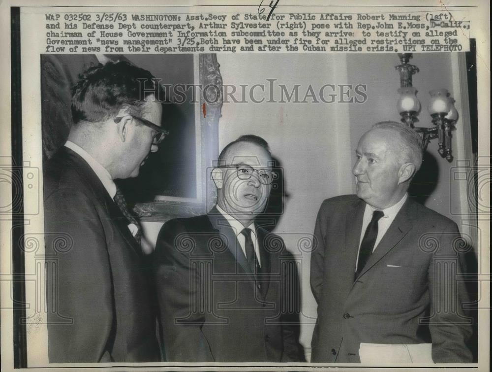 1963 Press Photo Asst. Secy of State Robert Manning, Arthur Sylvester, Rep. Moss - Historic Images