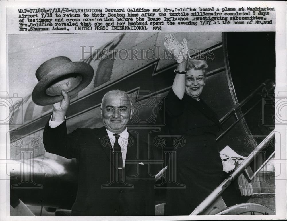 1958 Press Photo Bernard Goldfine return to Boston after D.C. investigation - Historic Images