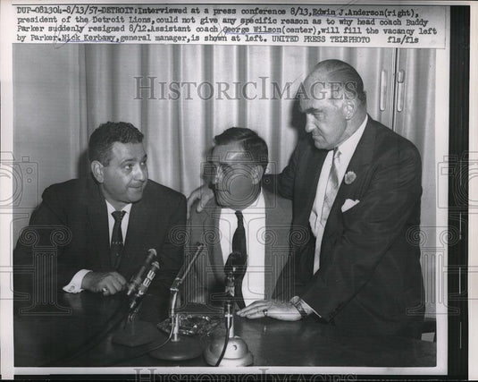 1957 Press Photo Lions President Edwin Anderson Could Not Gives Specifics - Historic Images