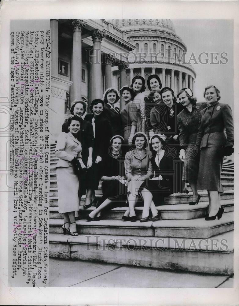 1953 Press Photo Mardi Gras Queens Louisiana State Society at Capitol in DC - Historic Images