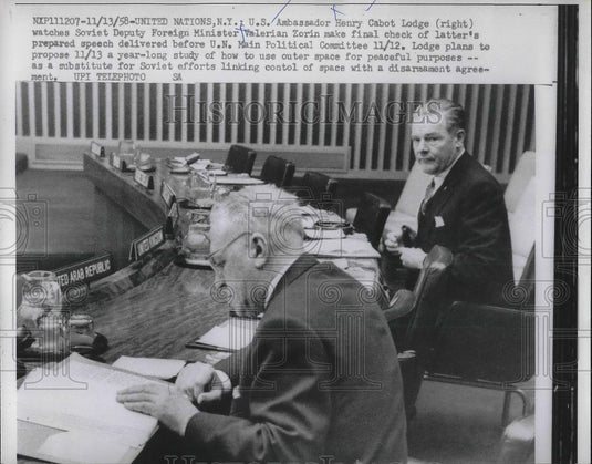 1958 Press Photo US Amb to Un Henry C Lodge & Soviet V Xorin in NYC - Historic Images
