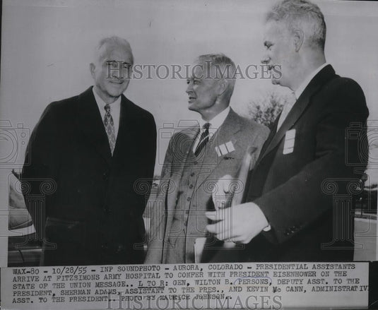 1955 Press Photo Aurora, Colo.Pres. assts Gen WB Persons,S Adams & K McCann - Historic Images