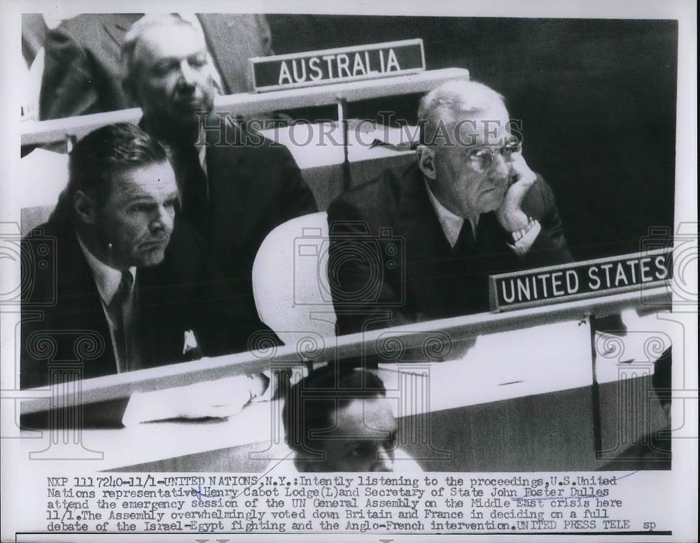 1956 Press Photo UN in NYC, US Amb HC Lodge&amp; Sec of State JF Dulles, - Historic Images