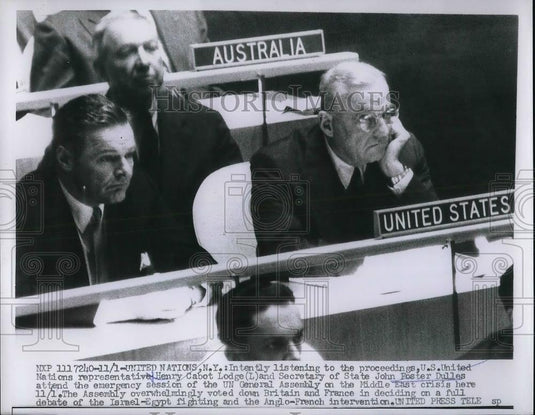 1956 Press Photo UN in NYC, US Amb HC Lodge& Sec of State JF Dulles, - Historic Images