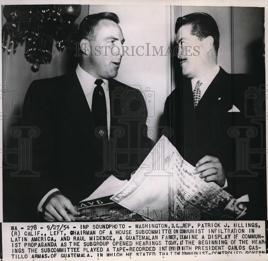 1954 Press Photo Rep. Patrick J. Hillings & Paul Midence at Subcommittee Hearing - Historic Images