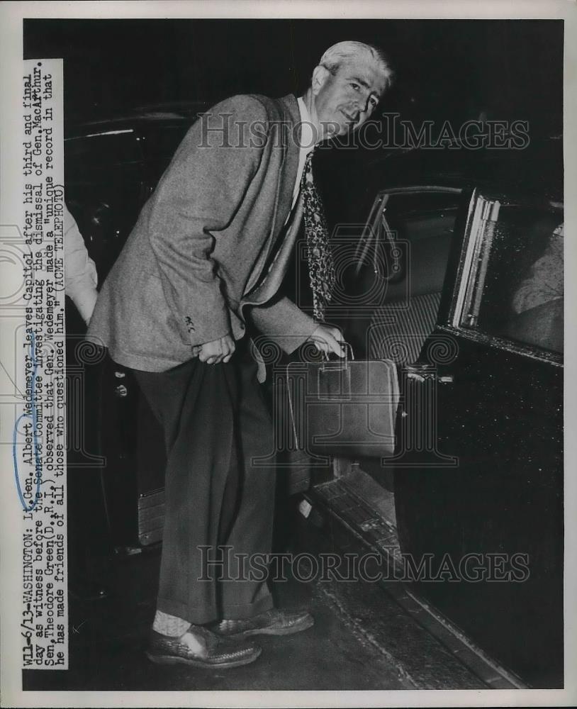 1951 Press Photo Gen Albert Wedemeyer Leaves Capitol After Testifying - Historic Images