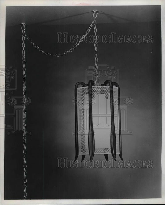 Press Photo Artistically Turned Wood California Ceiling Lamp - Historic Images